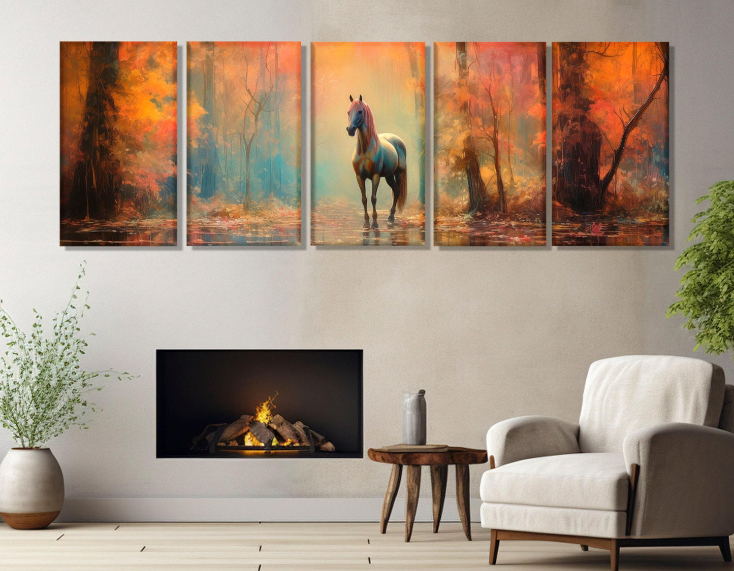 Horse Canvas Art – Fantasy Horse Poster in Autumn Forest | Framed Canvas Print Ready to Hang