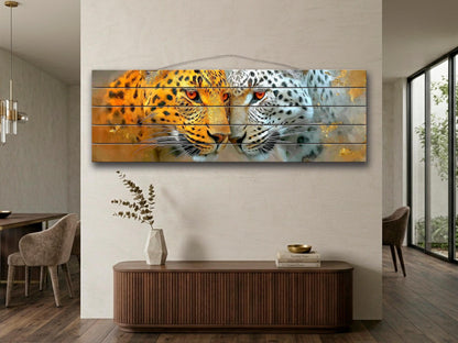 Leopard Couple Print on Natural Wood, Majestic Wildlife Romantic Wall Art