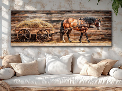 Rustic Wood Wall Art – Horse Wooden Cart with Hay | Farmhouse Wall Decor