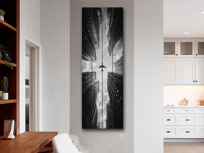 Airplane Print on Wood – Black and White Cityscape Wood Print | Urban Wall Decor