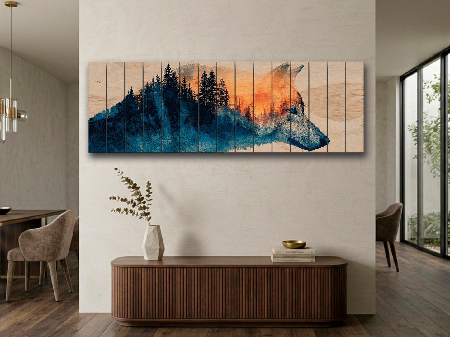 Wolf Silhouette with Forest Print on Wood, Rustic Wildlife Wall