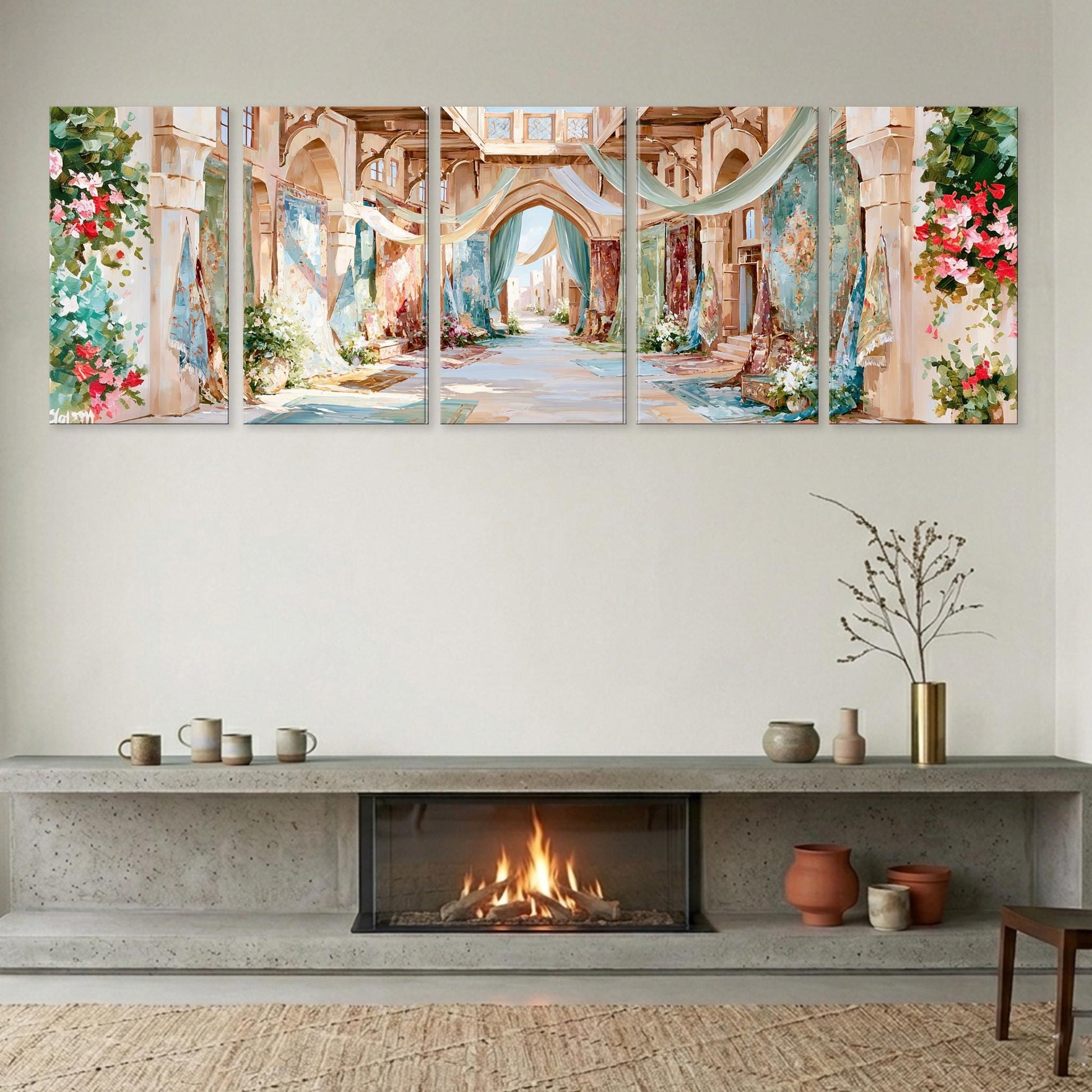 a cozy living room with a fireplace, a wooden shelf with decorative items, and a large painting depicting an ornate, colorful hallway with arches and flowers.