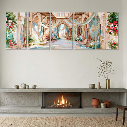 a cozy living room with a fireplace, a wooden shelf with decorative items, and a large painting depicting an ornate, colorful hallway with arches and flowers.