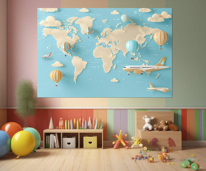 Kids World Map Canvas - Framed Educational Wall Art for Children's Room Decor
