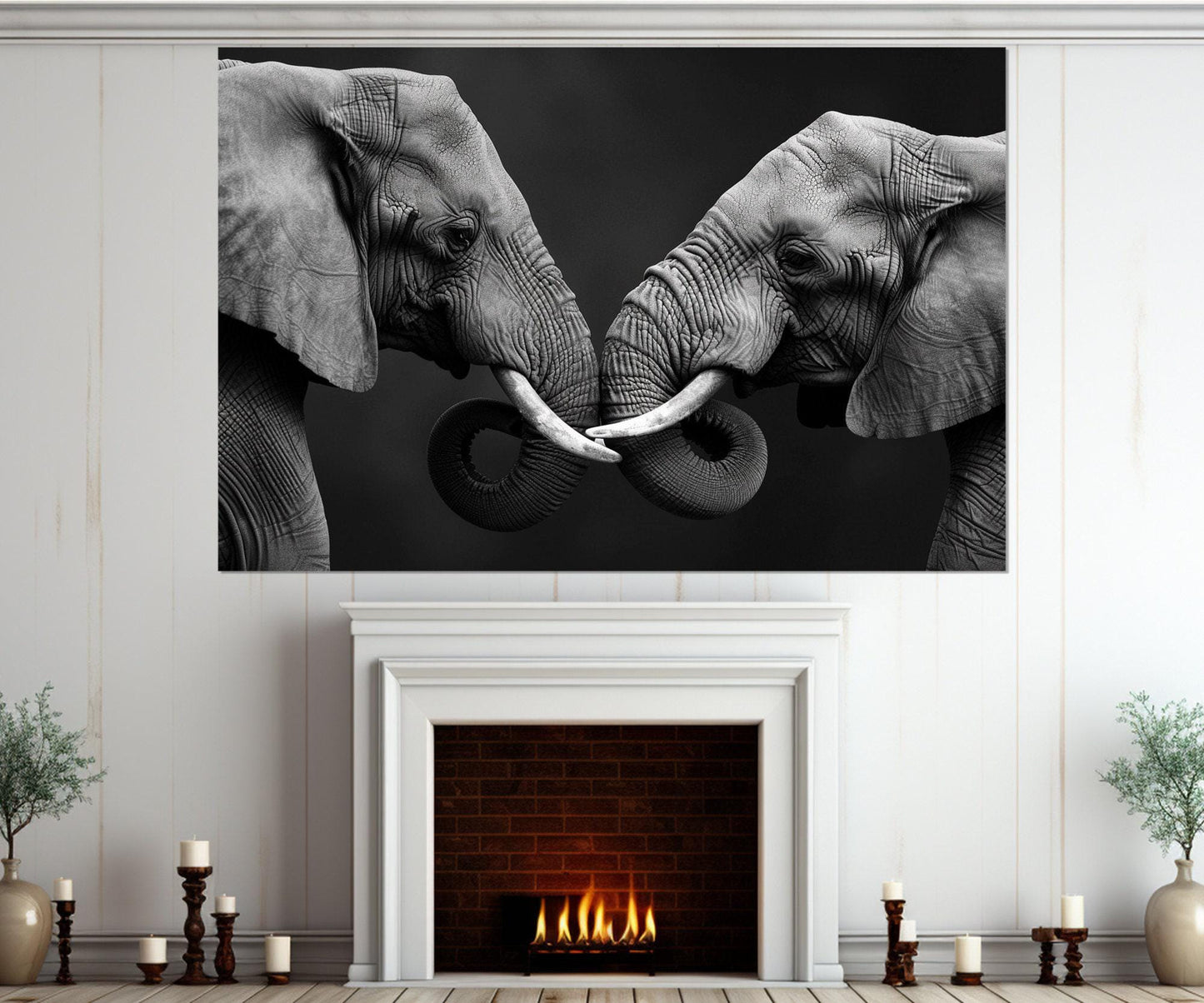 Elephants in Love Canvas Print, Black and White Elephants Wall Art, Modern Bedroom Wall Decor, Romantic Wall Art, Framed and Ready to Hang