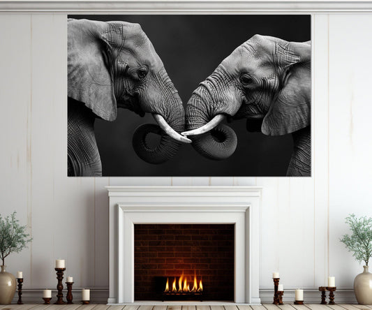 Elephants in Love Canvas Print, Black and White Elephants Wall Art, Modern Bedroom Wall Decor, Romantic Wall Art, Framed and Ready to Hang