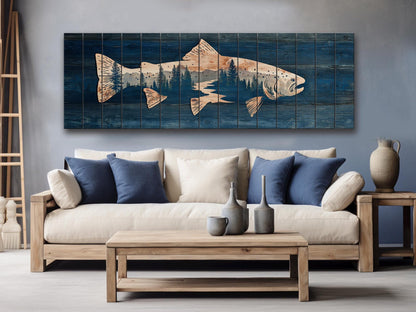 Trout Silhouette with Pine Forest Print on Wood, Rustic Fishing Wall Art