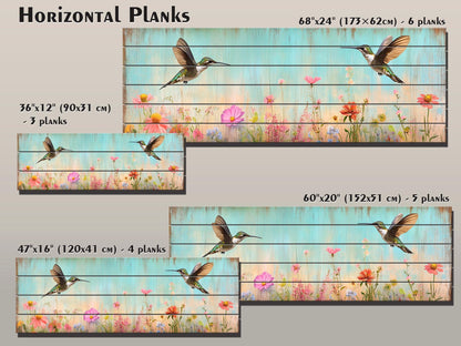 Rustic Wood Wall Art - Hummingbirds Around Wildflowers Print on Natural Wood, Birds Wall Art, Hummingbirds Print, Rustic Landscape Print