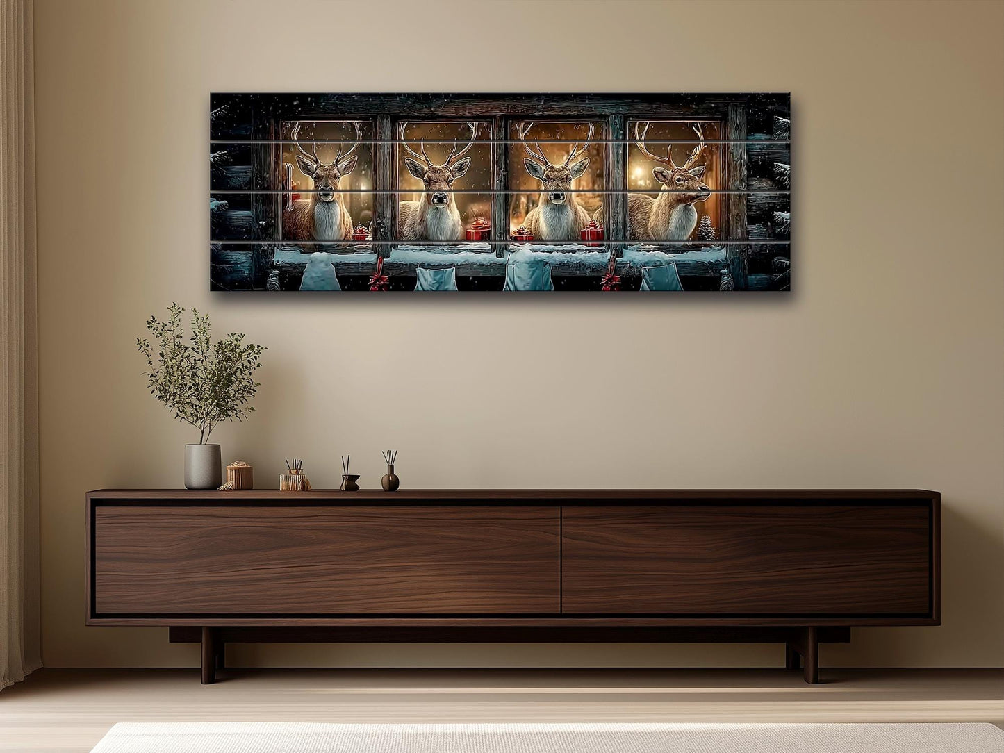 Christmas Reindeer Cabin Print on Wood – Cozy Winter Night Wall Art, Rustic Holiday Decor