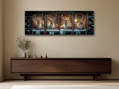 Christmas Reindeer Cabin Print on Wood – Cozy Winter Night Wall Art, Rustic Holiday Decor