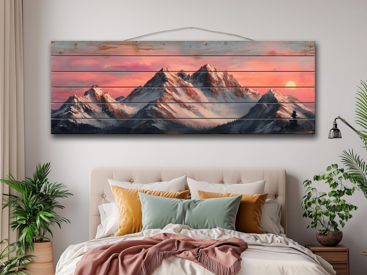 Mountain Landscape at Sunset with Snow-Capped Peaks Print on Natural Wood, Mountains Sunset Painting, Mountains Rustic Wood Wall Art