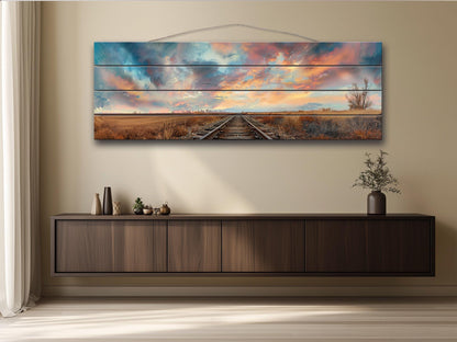 Wood Wall Art – Railway Through Field Print On Natural Wood Plank Decor