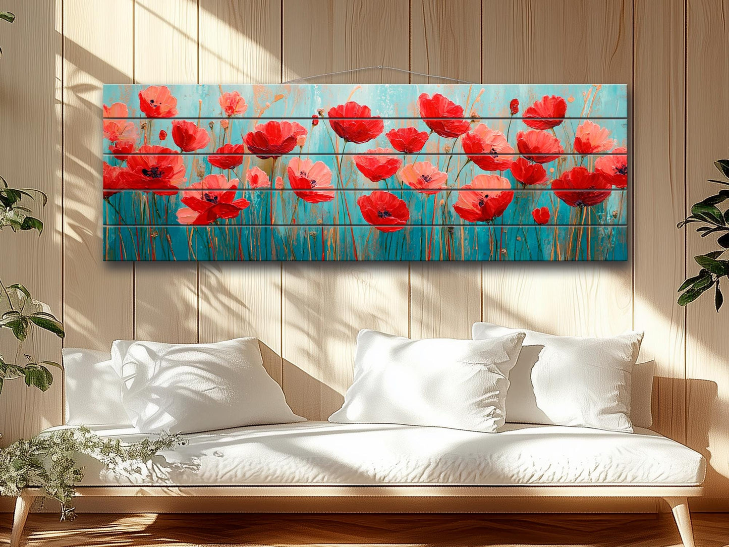 Floral Wood Wall Art – Field of Poppies Print on Natural Linden Wood Planks