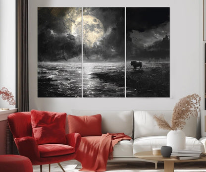 Moon Over Sea Canvas – Post-Apocalyptic Art Bison Print | Framed & Ready to Hang
