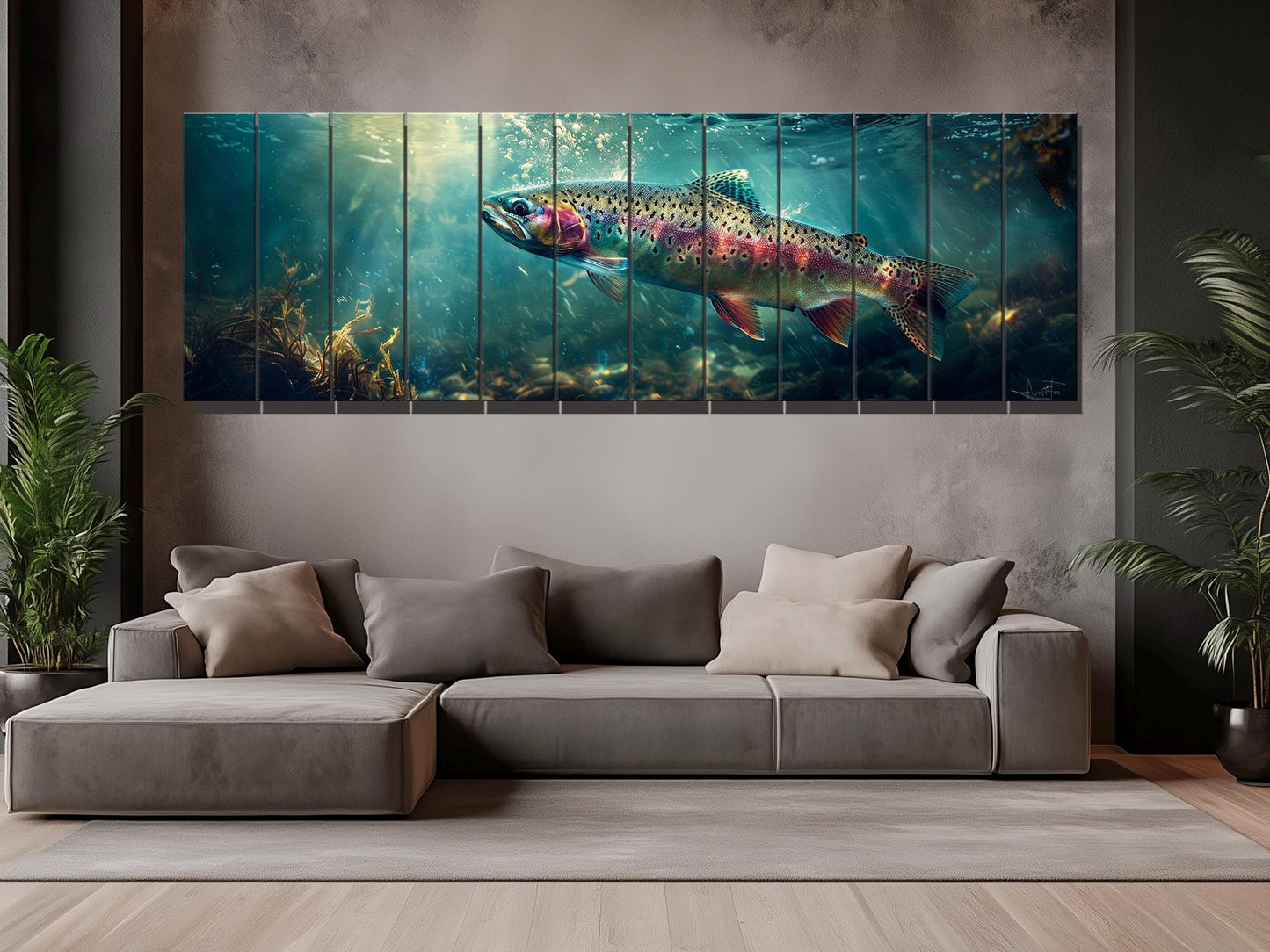 Rainbow Trout Wall Art – Wooden Wall Decor | Abstract Fish Poster on Wood Planks