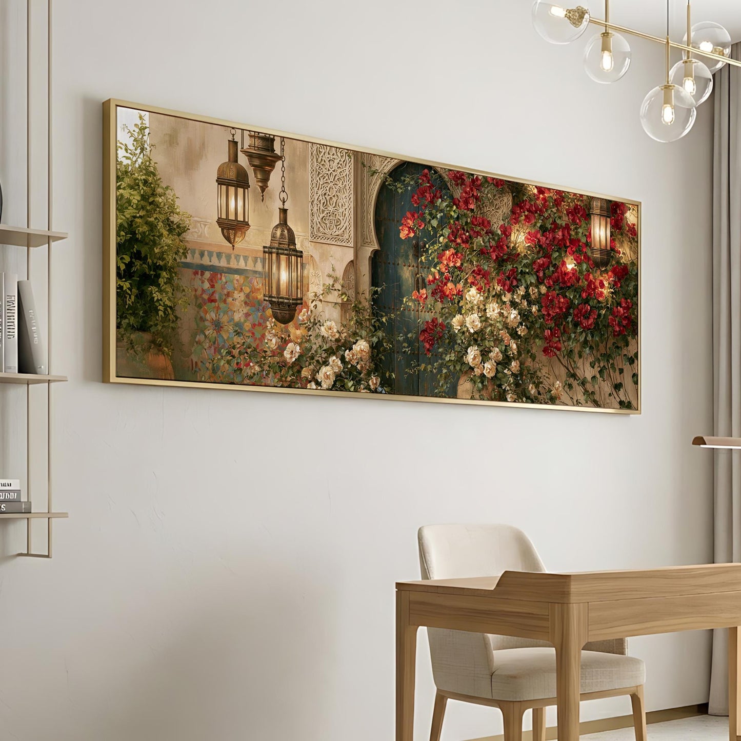 a large, framed painting of a garden scene with hanging lanterns and a wooden desk in the foreground.