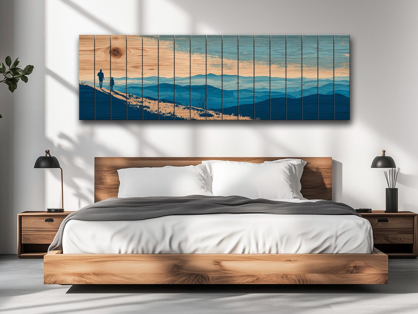 Mountain Ridge Hiking Print – Rustic Cabin Wall Art on Natural Wood Panels
