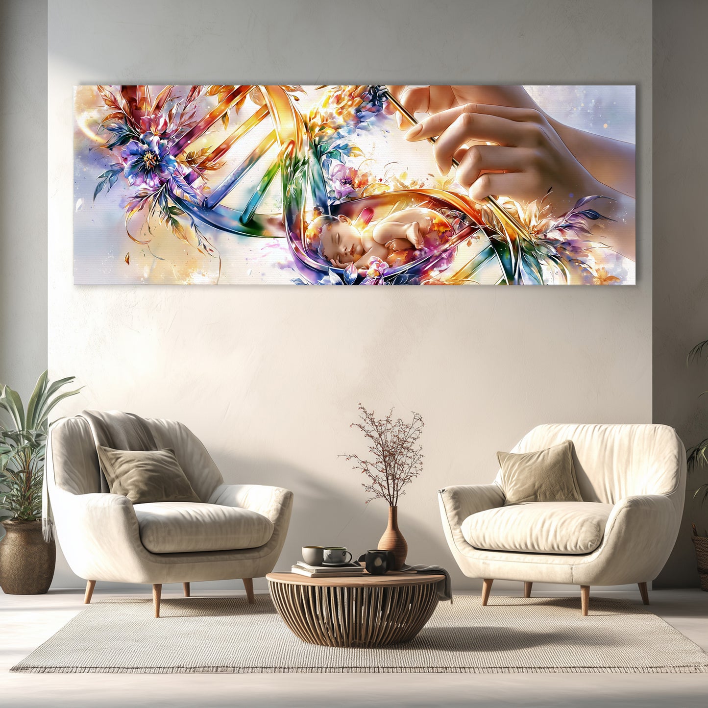 a large, colorful abstract painting hanging on a wall above a living room with two white armchairs and a coffee table.
