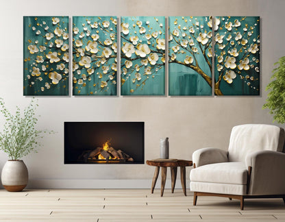 Abstract Tree Canvas Print - Teal Panoramic Painting | Ready to Hang Floral Wall Art