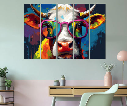 Cow in Glasses Canvas – Framed Cotton Gallery Wrapped Print | Kids Room Wall Art
