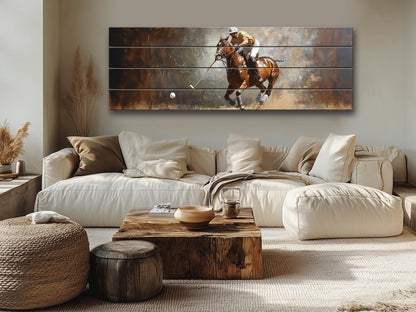 Abstract Polo Painting On Natural Wood – Outdoor Sports Wall Art