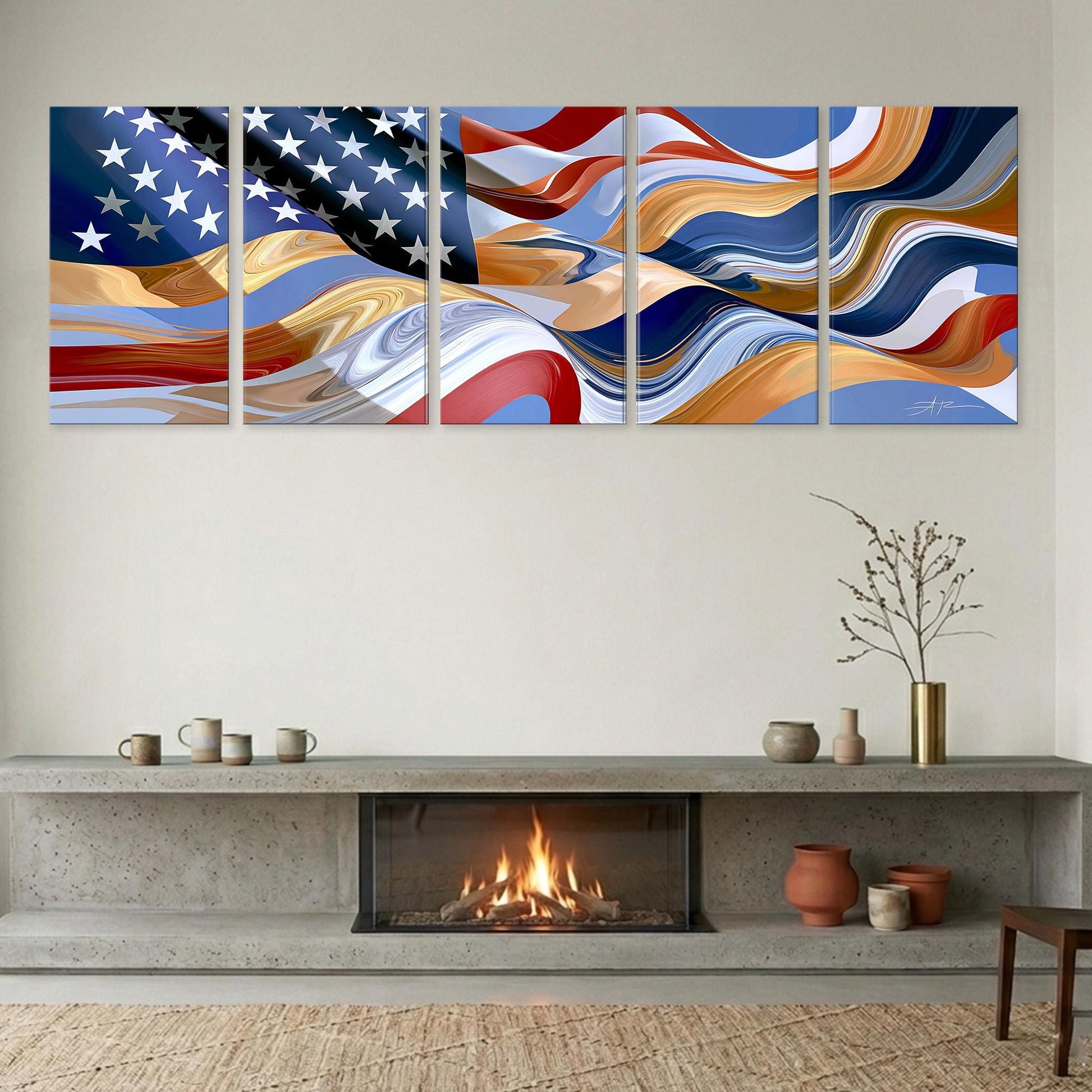 a modern living room with a fireplace, a large abstract painting of the American flag above it, and various decorative items on a shelf below the fireplace.