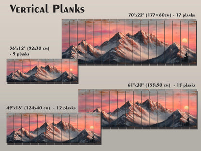 Mountain Landscape at Sunset with Snow-Capped Peaks Print on Natural Wood, Mountains Sunset Painting, Mountains Rustic Wood Wall Art