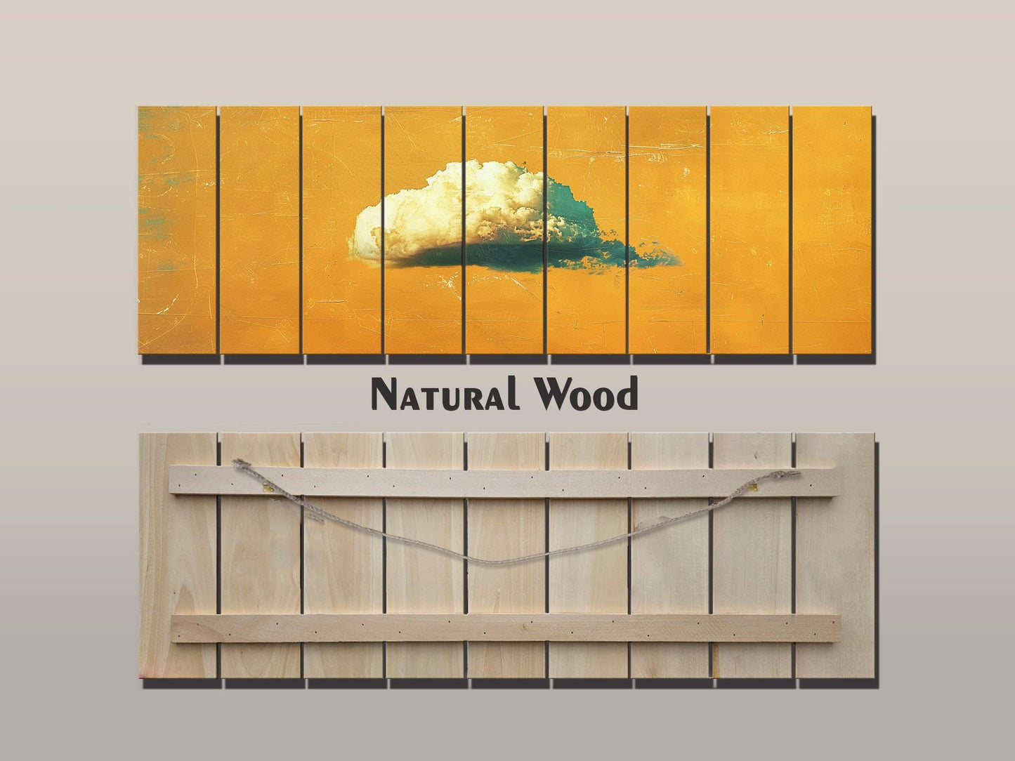 Natural Wood Wall Art - Canary Yellow Retro Print on Rustic Wood Planks