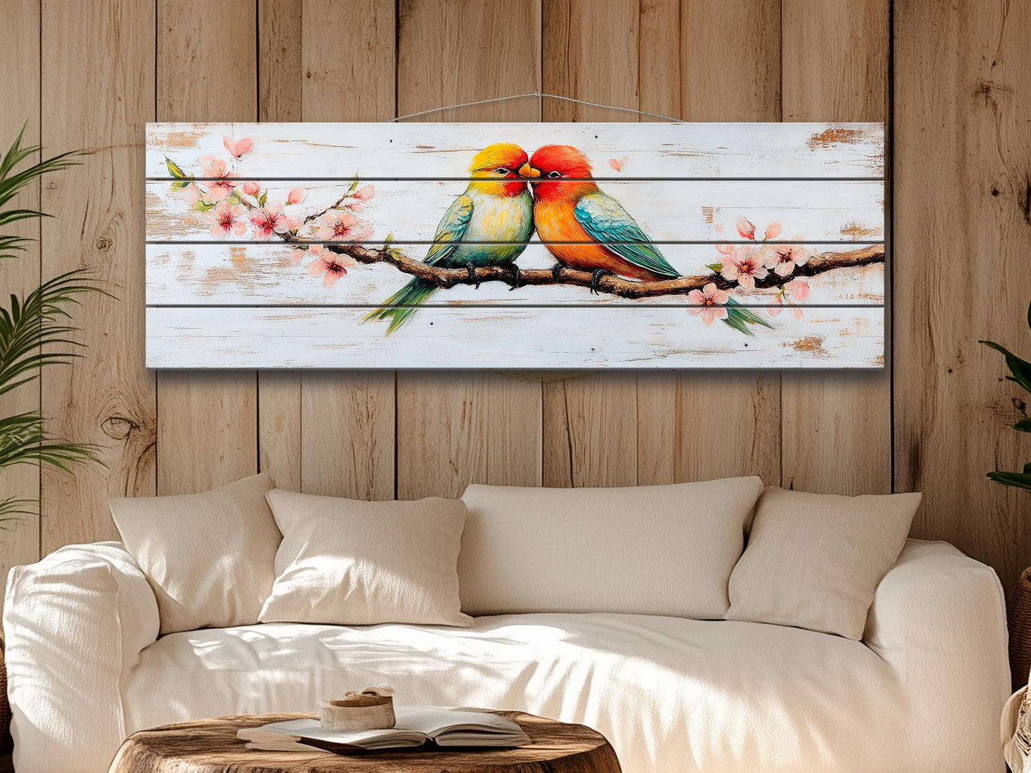 Lovebirds Wood Wall Art – Romantic Cherry Tree Artwork | Rustic Bedroom Decor