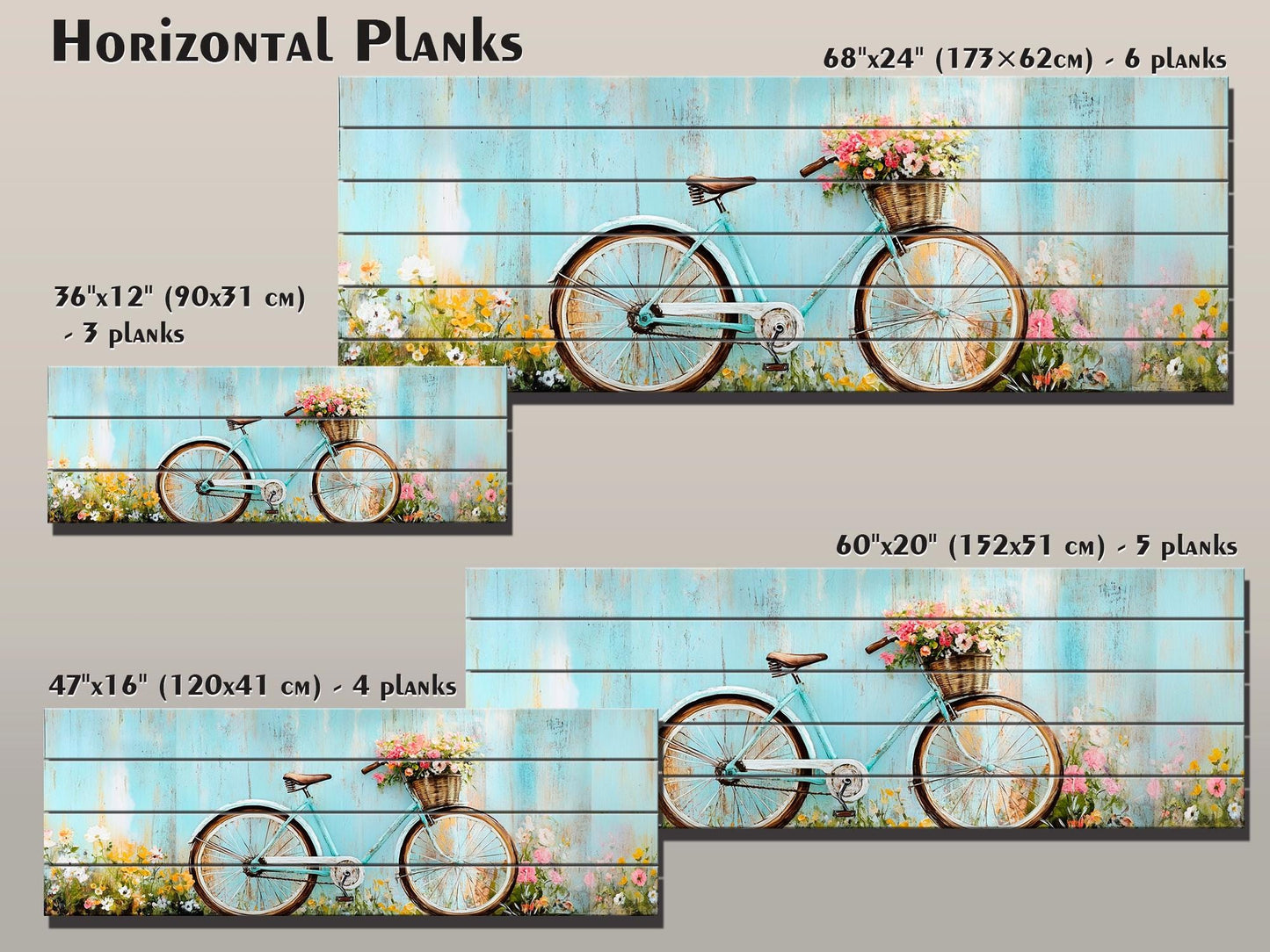 Vintage Bicycle Wall Art – Rustic Floral Print on Natural Wood Plank Art