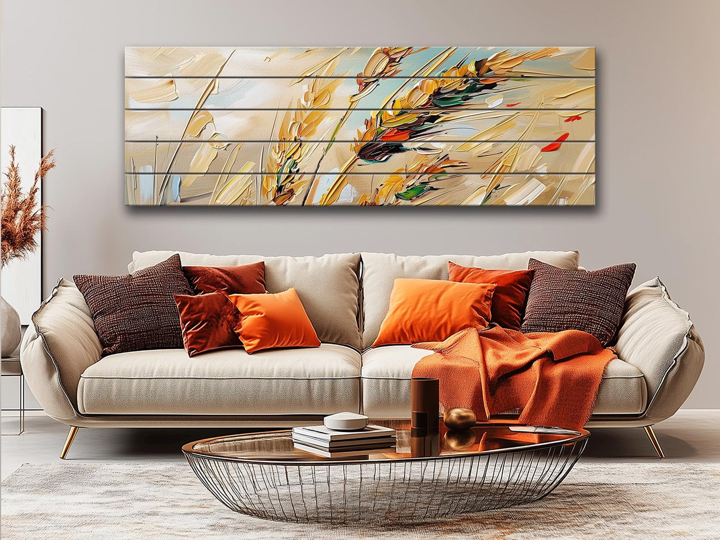 Wood Wall Art – Golden Wheat Ears Rustic Nature Print on Natural Wood Planks