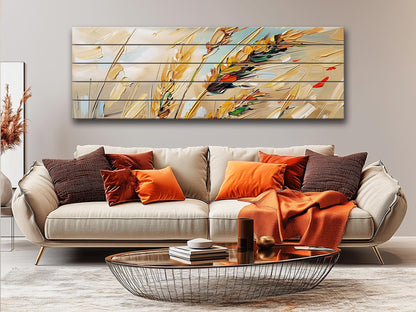 Wood Wall Art – Golden Wheat Ears Rustic Nature Print on Natural Wood Planks