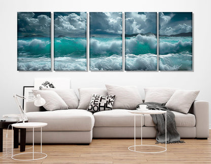 Sea Painting Canvas | Large Ocean Waves Panoramic Wall Art - Ready to Hang