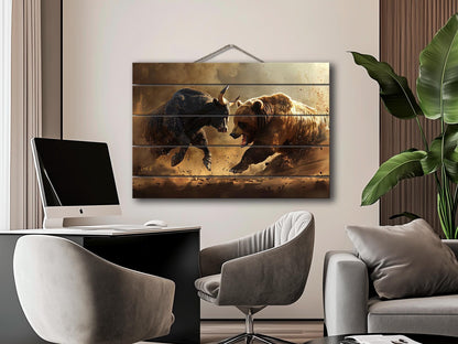 Rustic Wood Wall Art – Bull and Bear Art on UV Printed Wood for Trader Office Decor