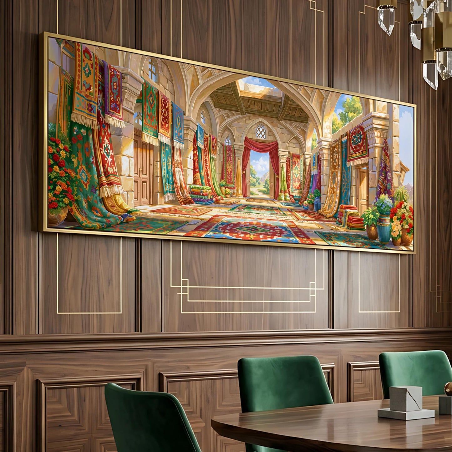 a grand, ornate room with intricate architectural details, including arches, columns, and a central doorway. The room is adorned with colorful tapestries and rugs, creating a vibrant and visually striking scene. The overall composition and arrangement of the elements in the image suggest a well-planned and meticulously designed interior space.