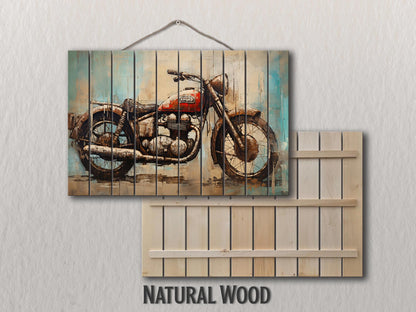 Abstract Rustic Painting of Vintage Motorbike Printed on Natural Wood