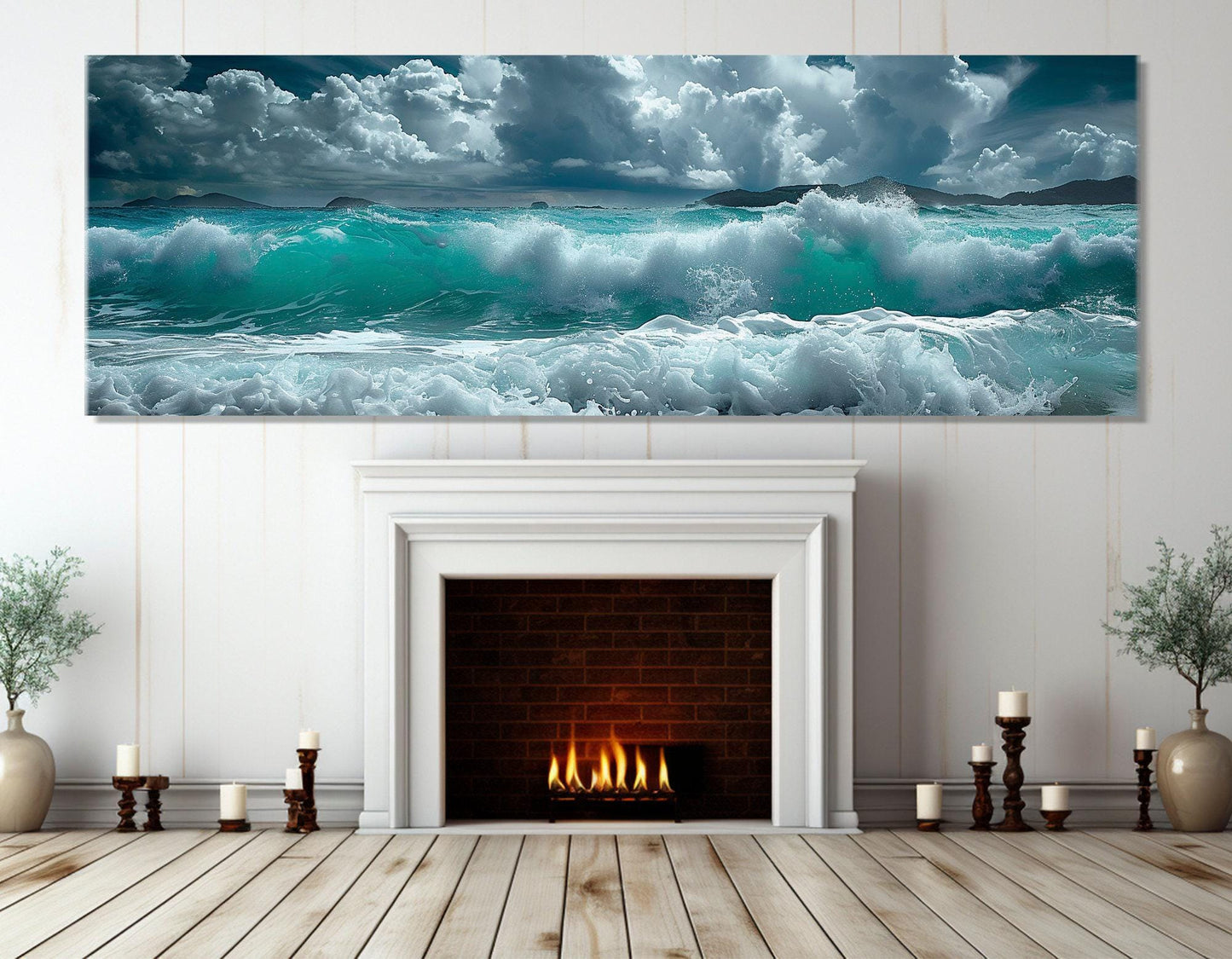 Sea Painting Canvas | Large Ocean Waves Panoramic Wall Art - Ready to Hang