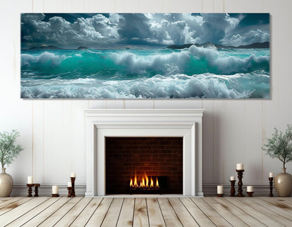 Sea Painting Canvas | Large Ocean Waves Panoramic Wall Art - Ready to Hang