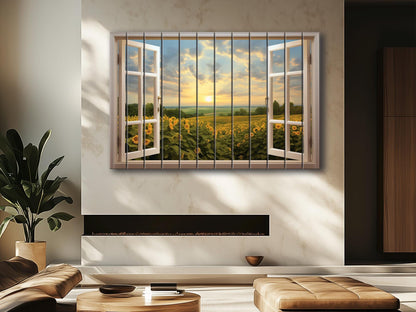 Wood Wall Art | Rustic Floral Wood Print with Sunflower Field Open Window Painting