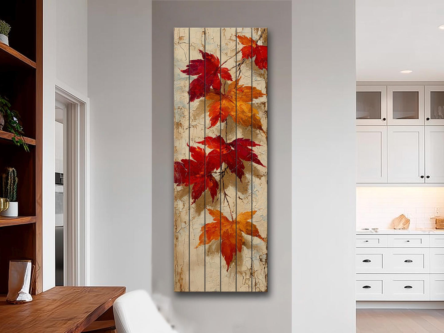 Rustic Wooden Wall Art – Falling Maple Leaves Print on Natural Wood Planks