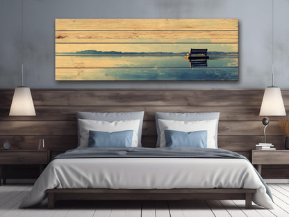 Lakeside Bench Wall Art – Panoramic Lake Landscape on Natural Wood Panel