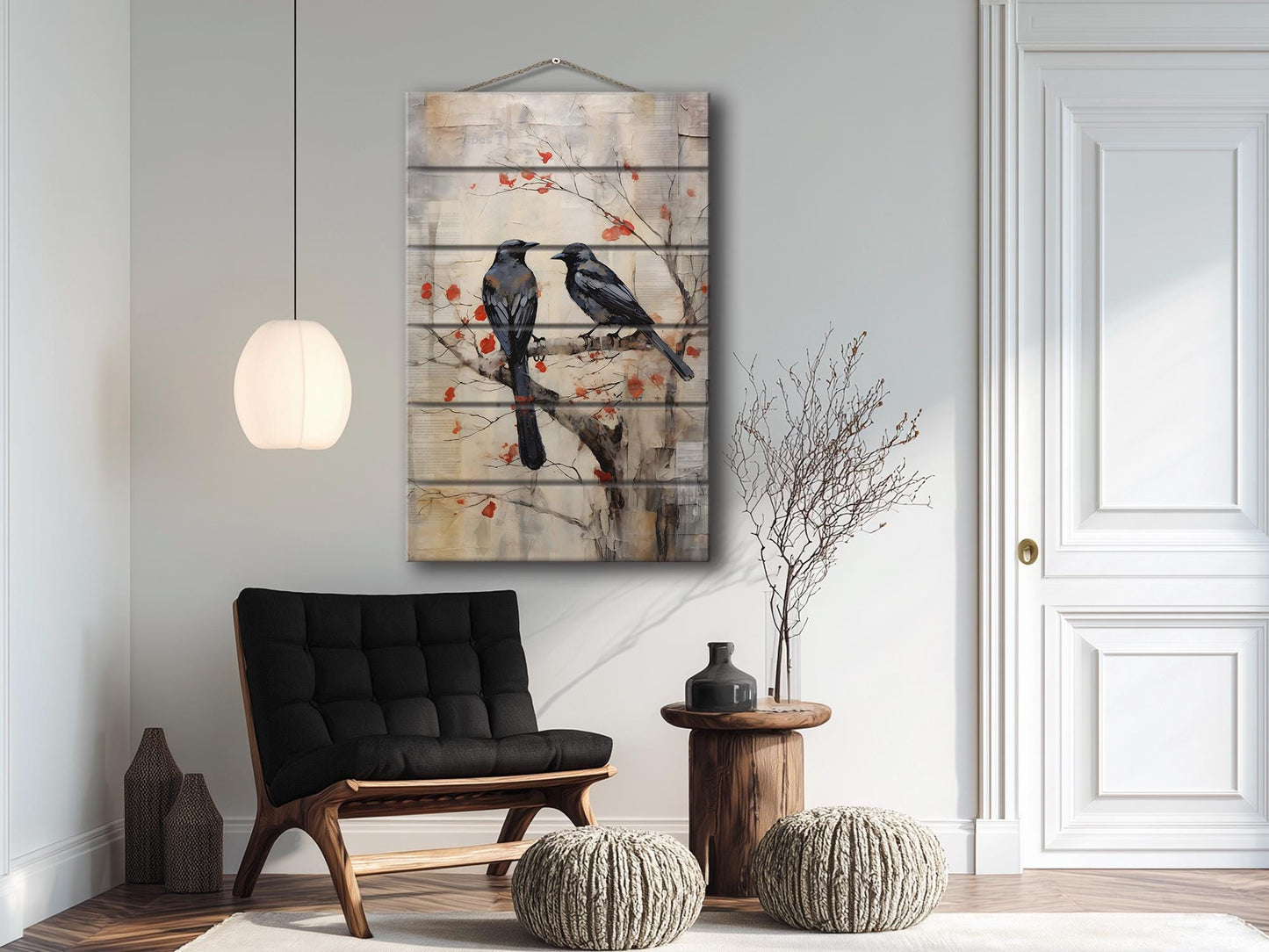 Vintage Crow Art Print – Rustic Wildlife Wall Art On Natural Wood Planks