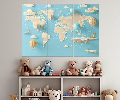 Kids World Map Canvas - Framed Educational Wall Art for Children's Room Decor