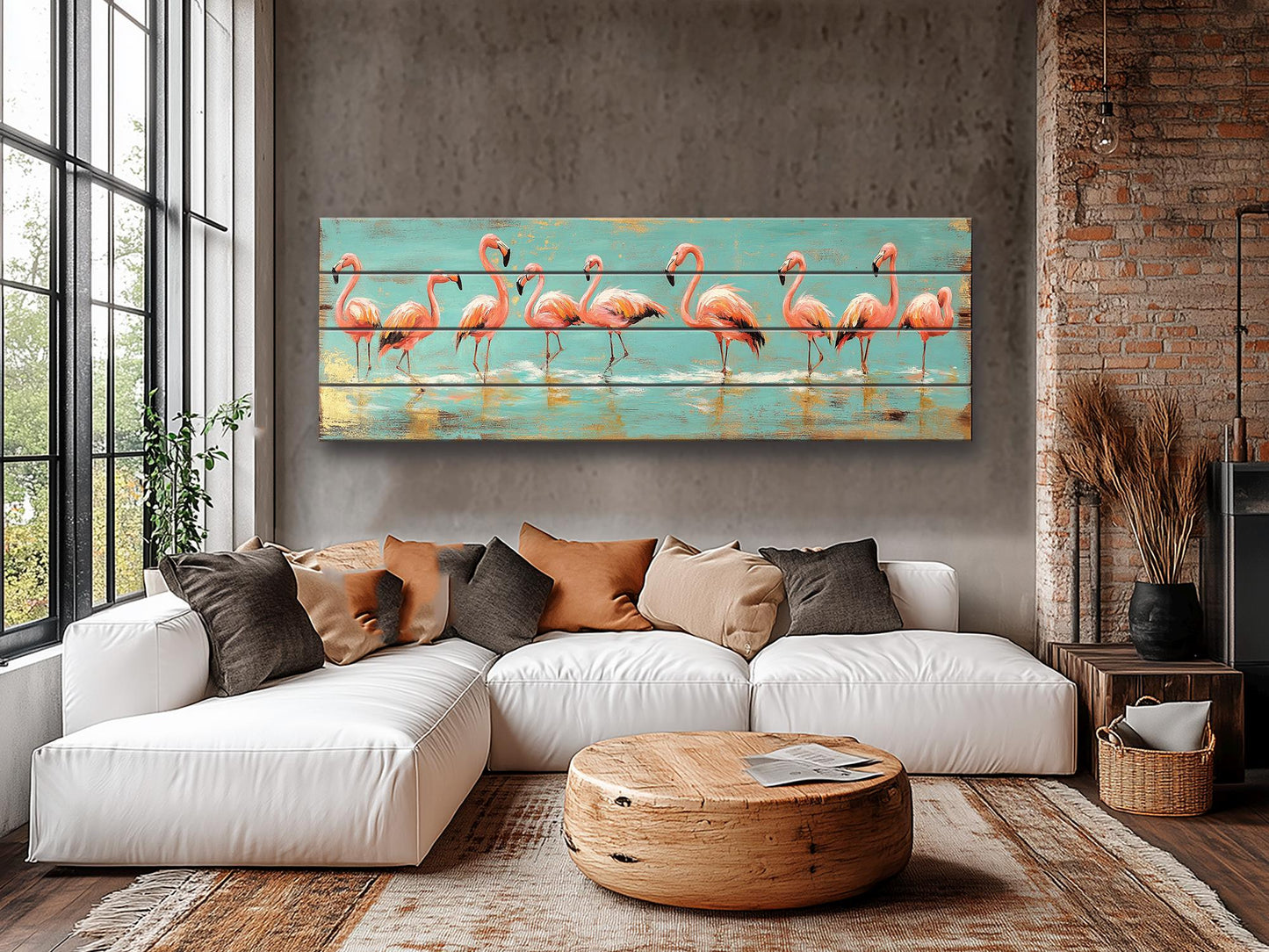 Wood Wall Art – Flock of Graceful Flamingos Print on Natural Wood, Rustic Flamingo Painting, Flamingo Wall Art, Soft Tones Birds Wall Art