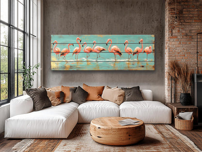 Wood Wall Art – Flock of Graceful Flamingos Print on Natural Wood, Rustic Flamingo Painting, Flamingo Wall Art, Soft Tones Birds Wall Art