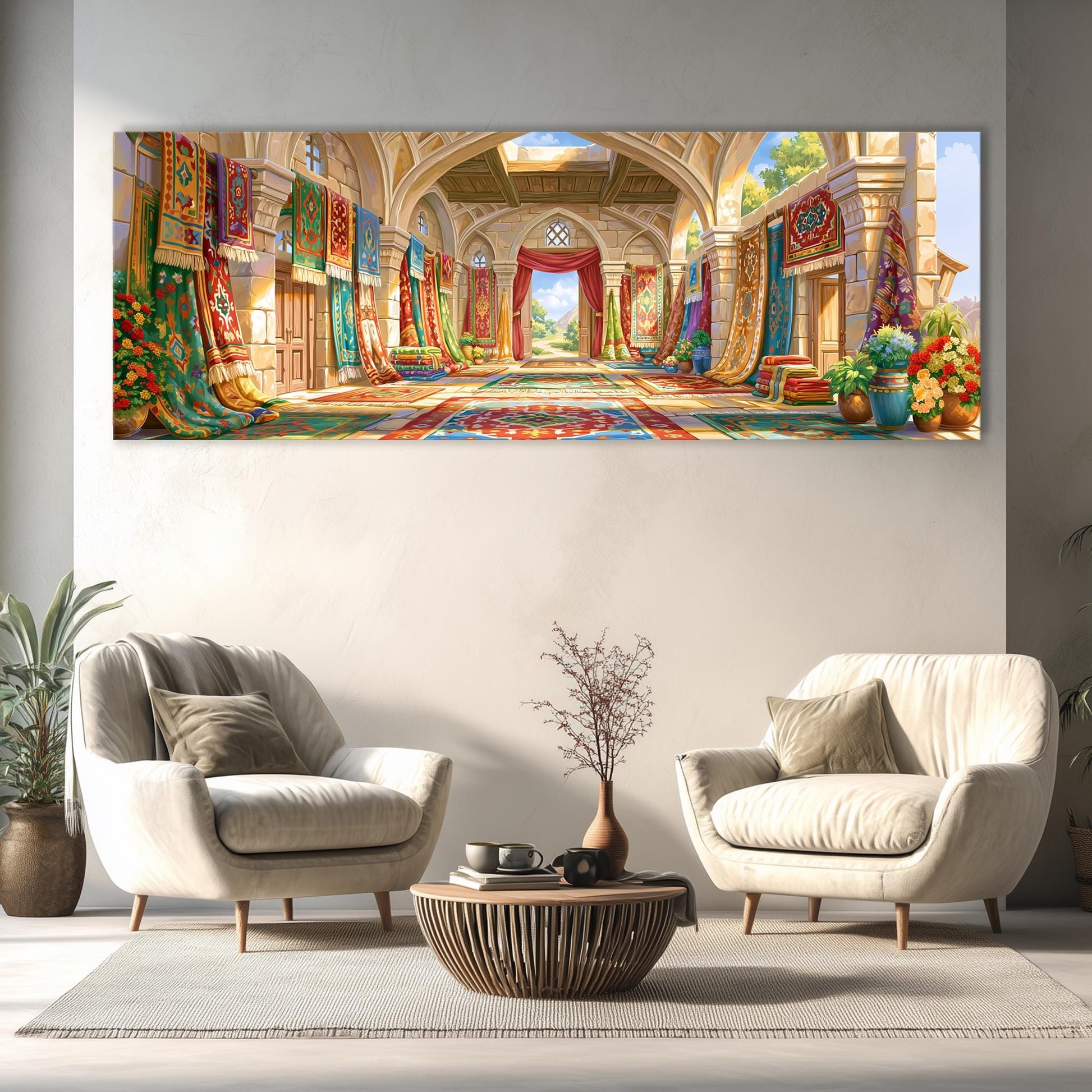 a luxurious living room with a large, colorful painting of an ornate, grand hall above two white armchairs and a coffee table.