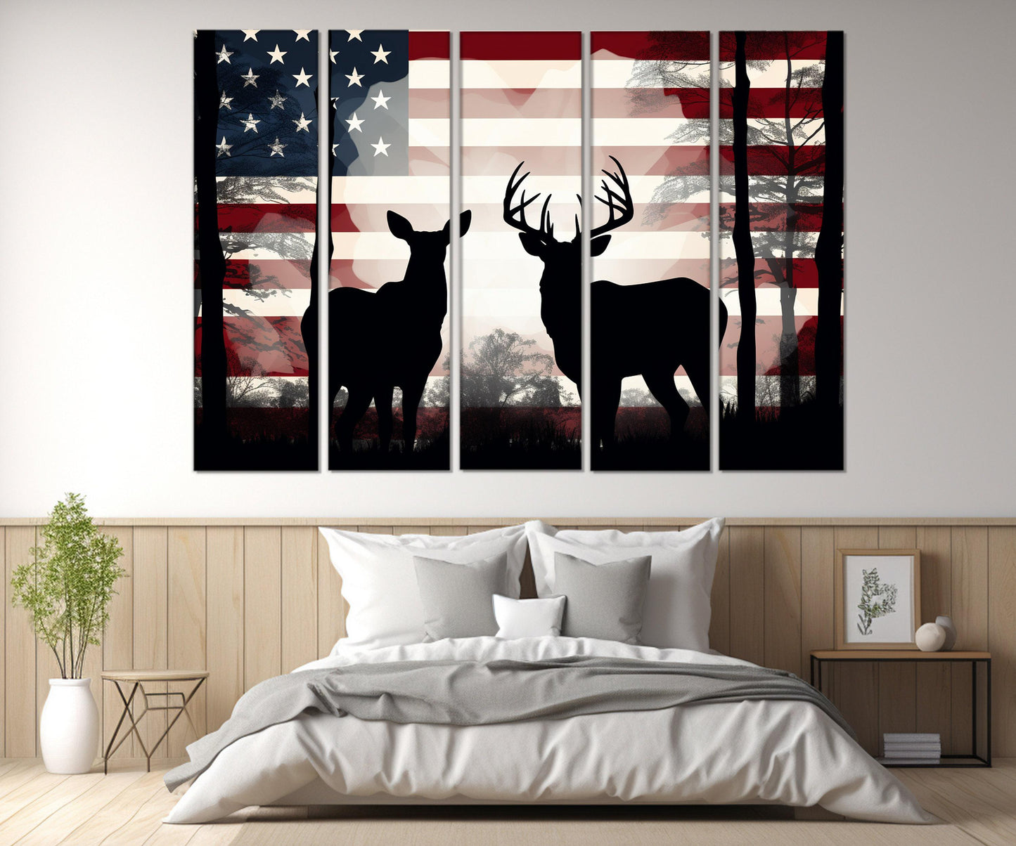 Deer Family Canvas Print – USA Flag Patriotic Deer Decor | Framed Wall Art Ready to Hang