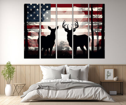 Deer Family Canvas Print – USA Flag Patriotic Deer Decor | Framed Wall Art Ready to Hang
