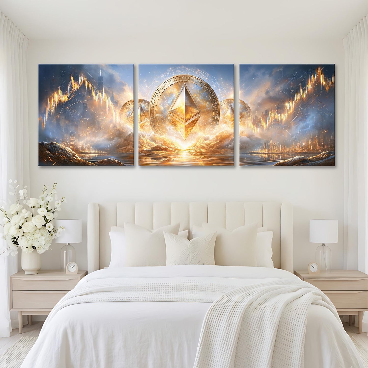 A large, three-panel artwork depicting a fantastical landscape with a golden pyramid at the center, surrounded by clouds and flames. The artwork is displayed on a wall above a bed with white bedding.