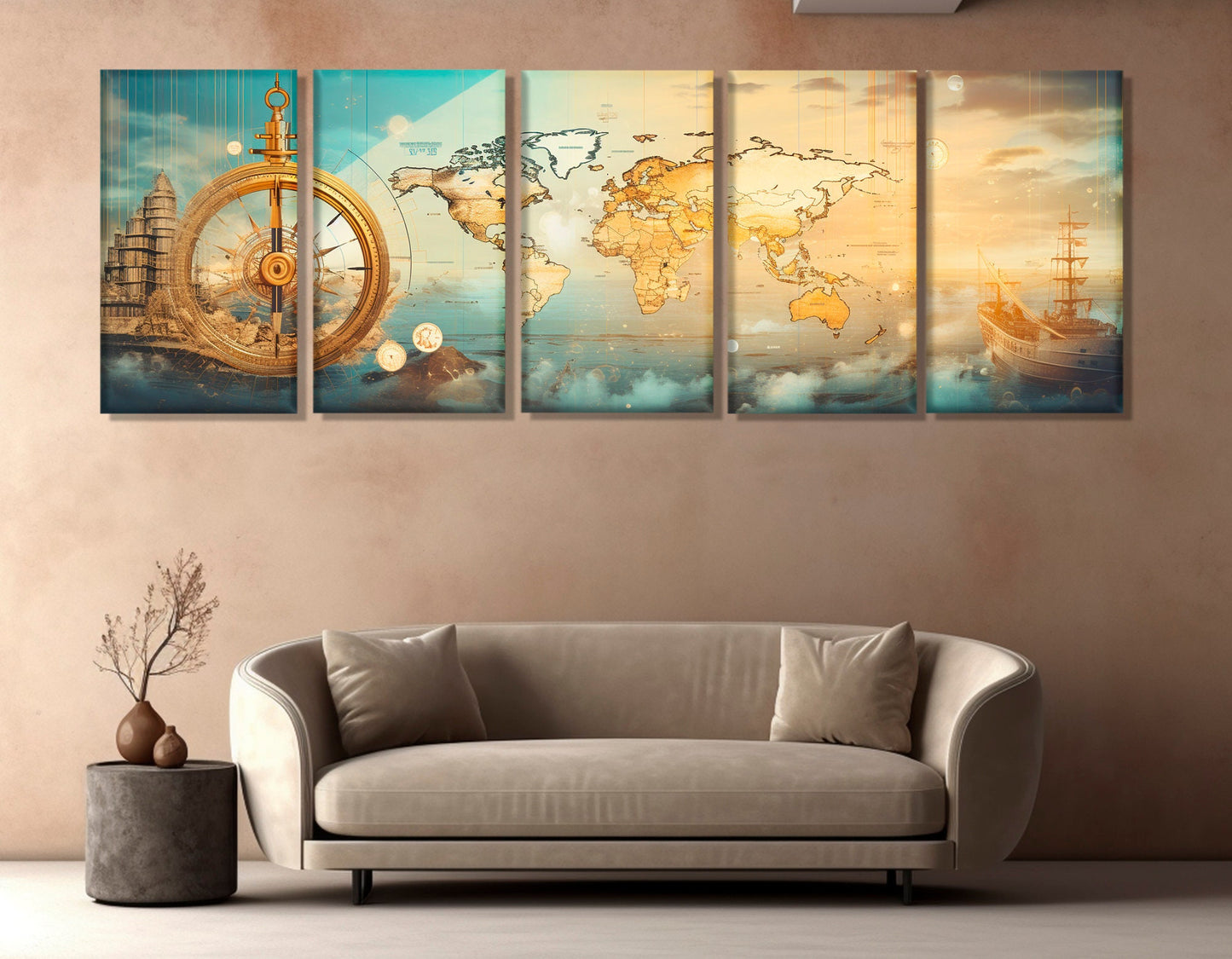 Travel Wall Art, Nautical Canvas Art, Abstract World Map Painting Canvas Print, Sailing Wall Art, Sailor Gift, Framed and Ready to Hang